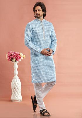 Blue Printed Cotton Kurta Set For Men