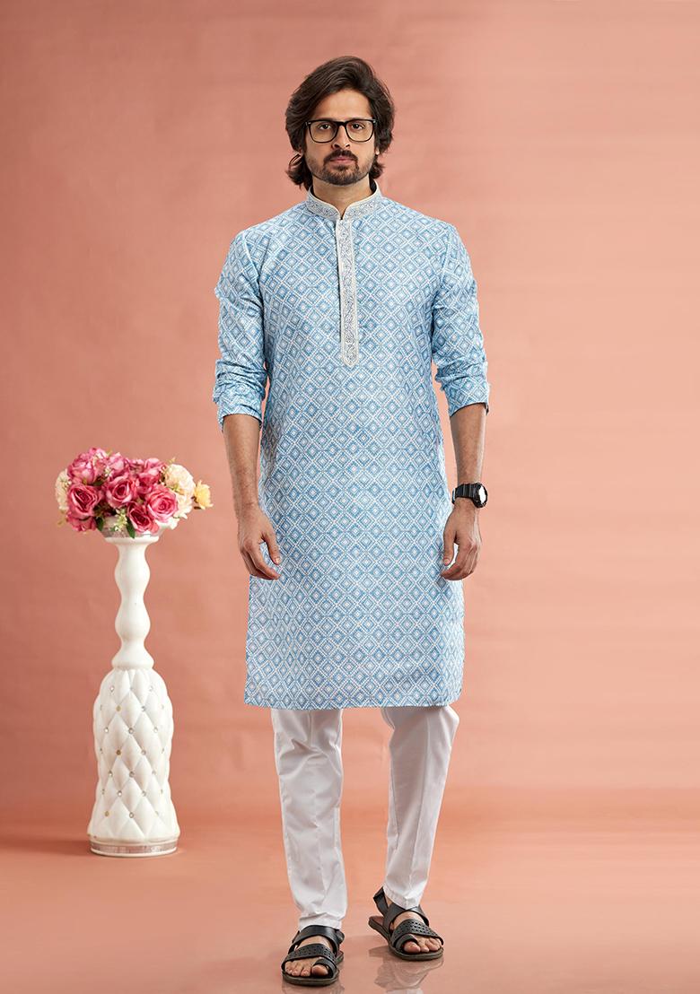 Blue Printed Cotton Kurta Set For Men