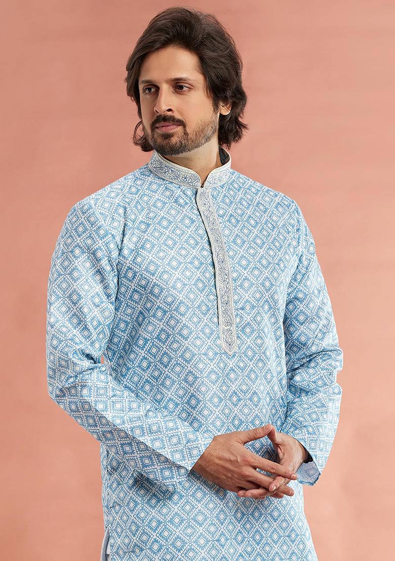 Blue Printed Cotton Kurta Set For Men