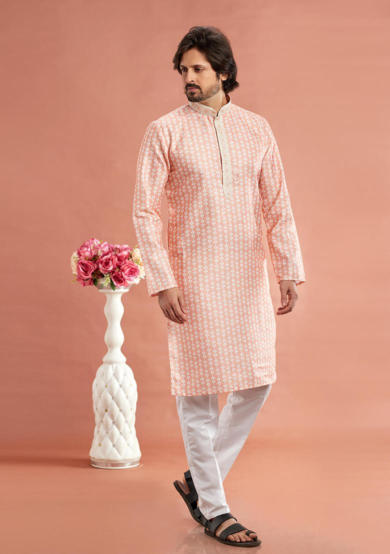 Peach Printed Cotton Kurta Set For Men