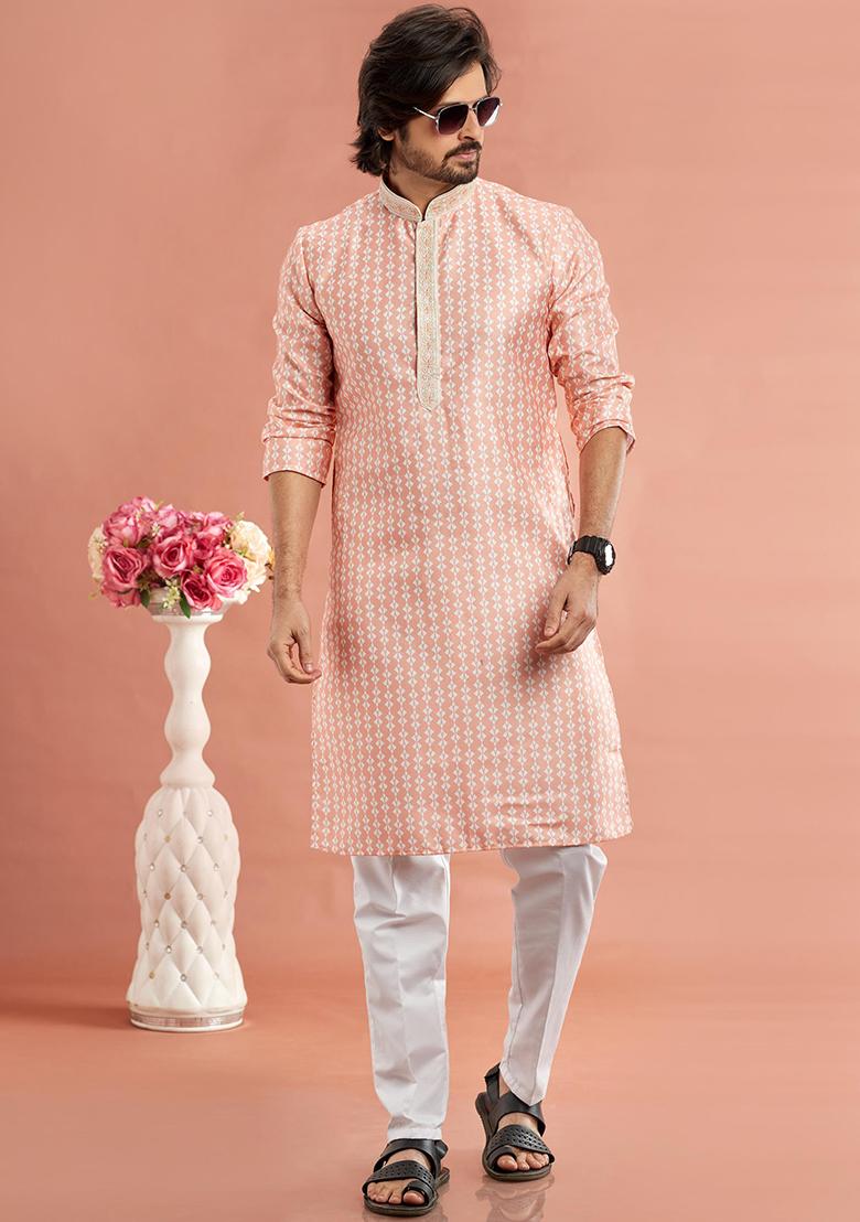 Peach Printed Cotton Kurta Set For Men