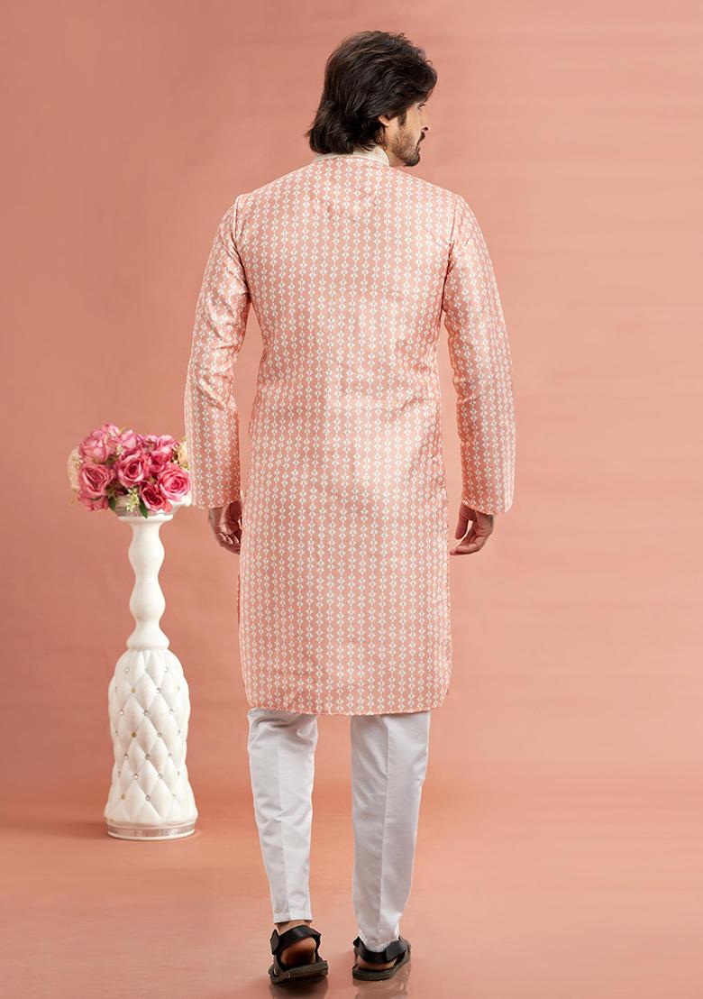 Peach Printed Cotton Kurta Set For Men