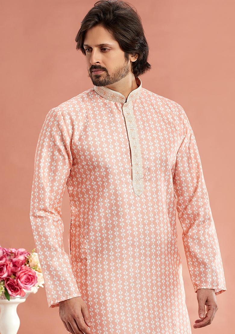 Peach Printed Cotton Kurta Set For Men