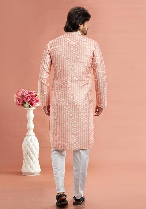 Peach Printed Cotton Kurta Set For Men