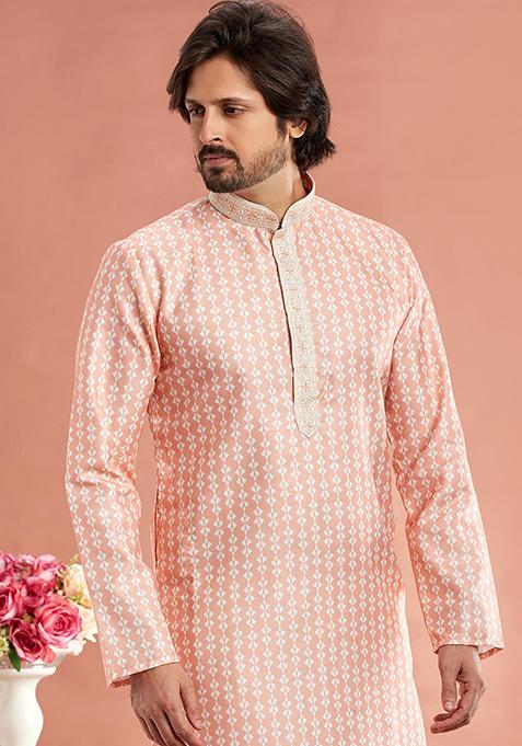 Peach Printed Cotton Kurta Set For Men