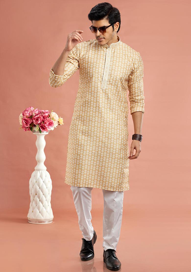 Yellow Printed Cotton Kurta Set For Men