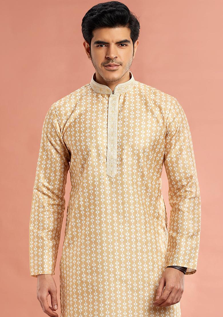 Yellow Printed Cotton Kurta Set For Men