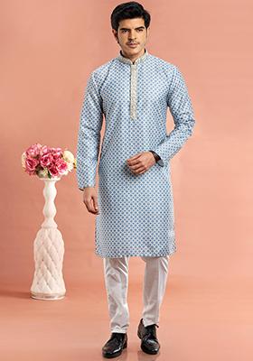 Blue Printed Cotton Kurta Set For Men