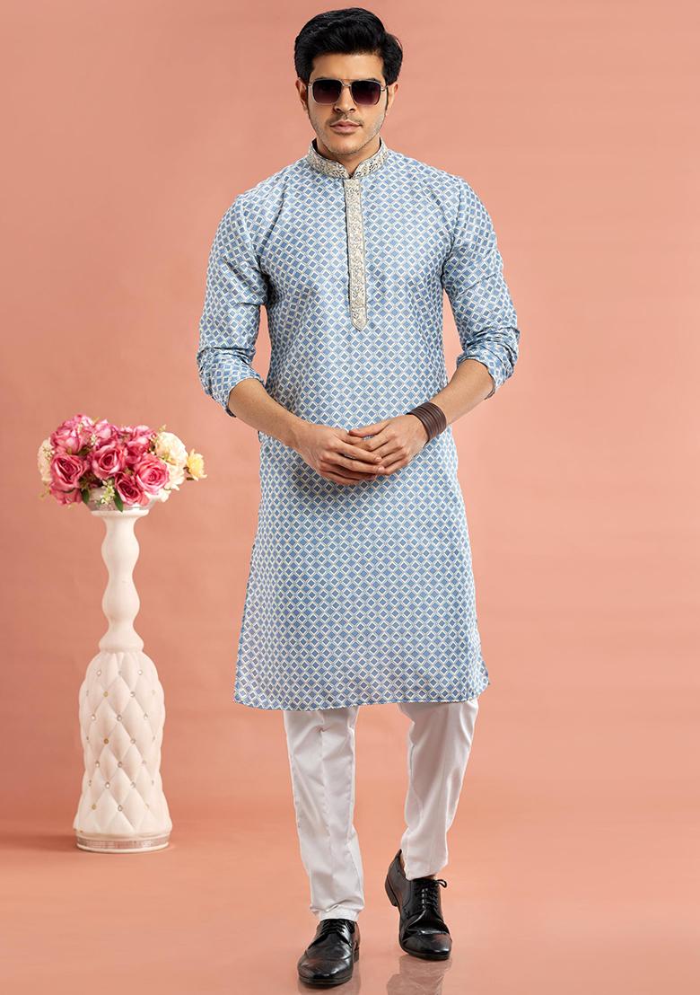 Blue Printed Cotton Kurta Set For Men