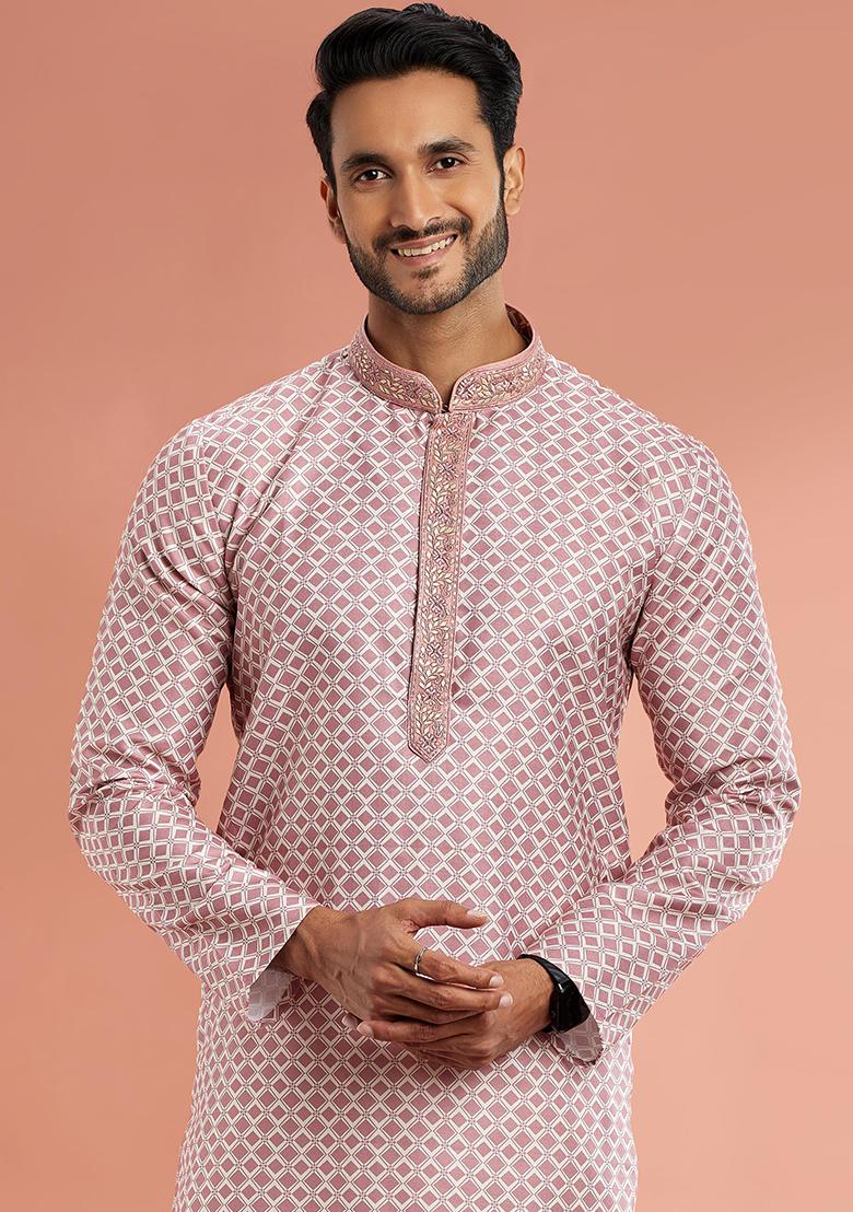 Red Printed Cotton Kurta Set For Men