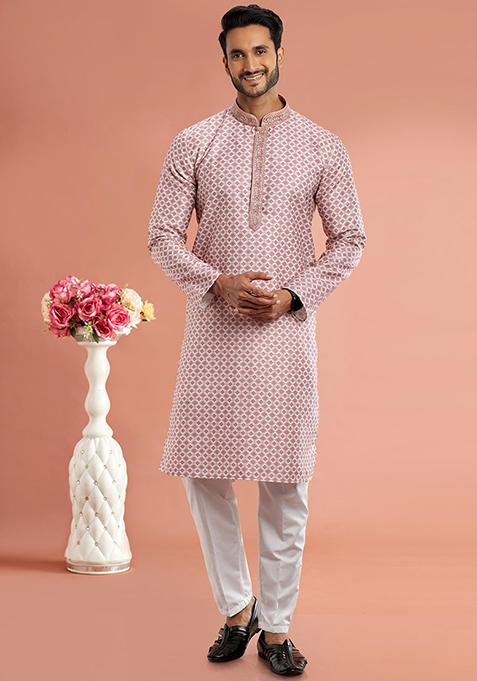 Red Printed Cotton Kurta Set For Men