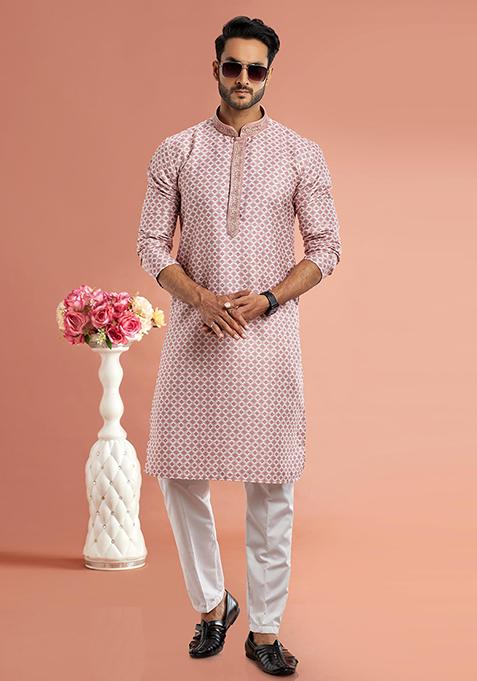 Red Printed Cotton Kurta Set For Men