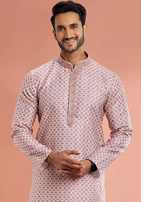 Red Printed Cotton Kurta Set For Men