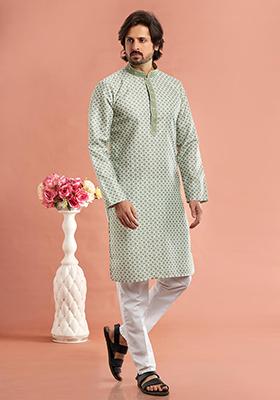 Pista Green Printed Cotton Kurta Set For Men