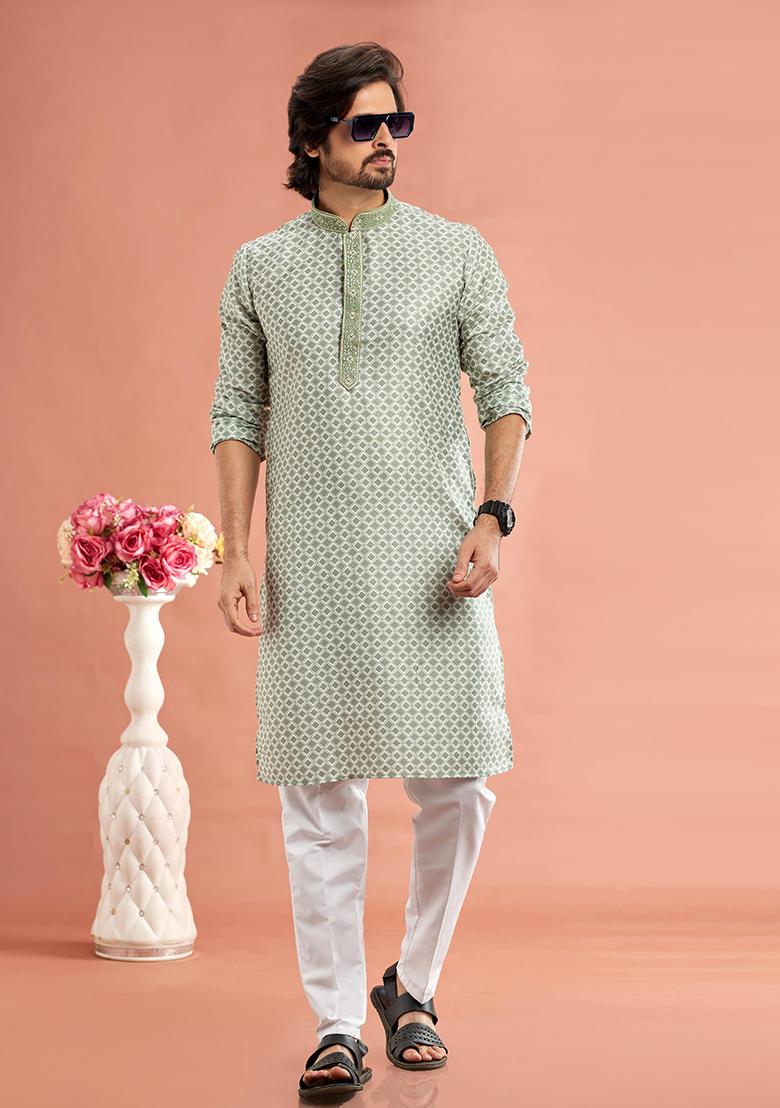 Pista Green Printed Cotton Kurta Set For Men