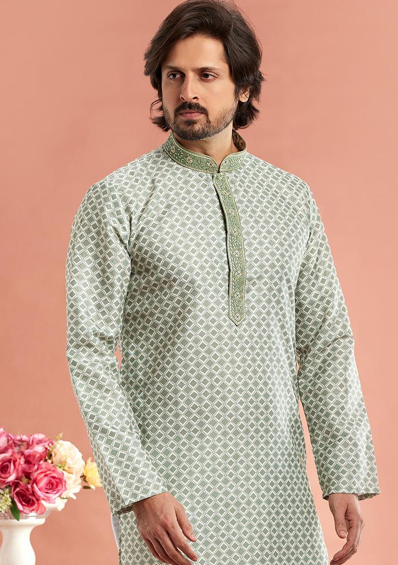 Pista Green Printed Cotton Kurta Set For Men