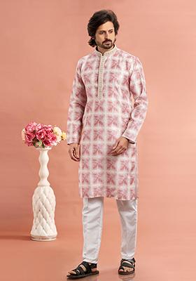Dark Pink Printed Cotton Kurta Set For Men