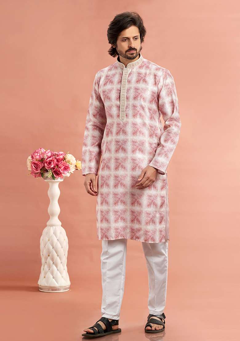 Dark Pink Printed Cotton Kurta Set For Men - Indya