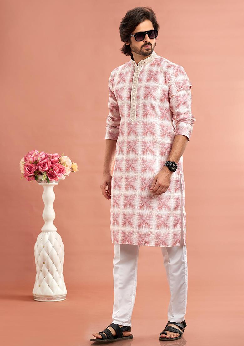 Dark Pink Printed Cotton Kurta Set For Men