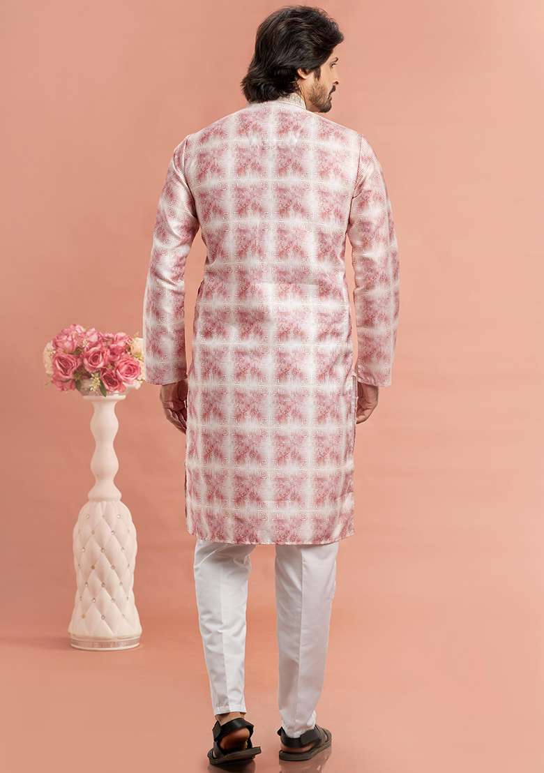Dark Pink Printed Cotton Kurta Set For Men - Indya