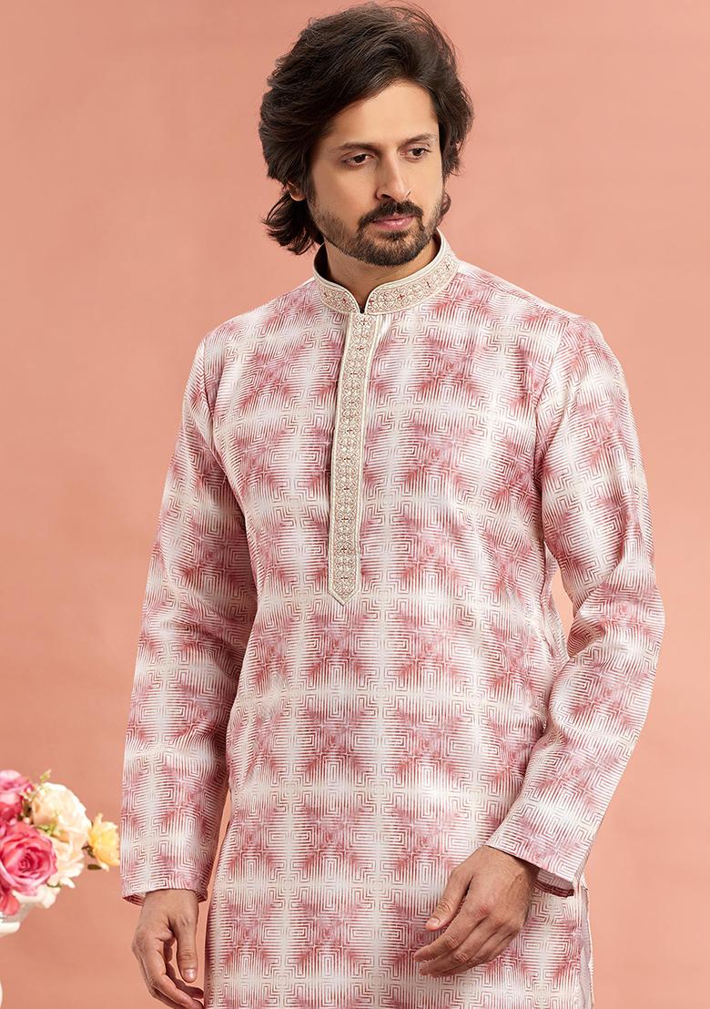 Dark Pink Printed Cotton Kurta Set For Men