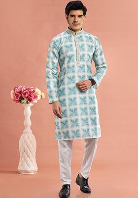 Green Printed Cotton Kurta Set For Men