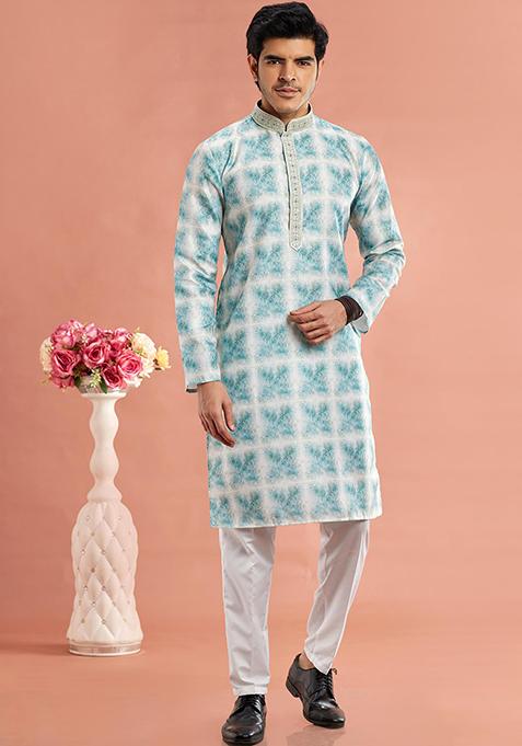 Green Printed Cotton Kurta Set For Men