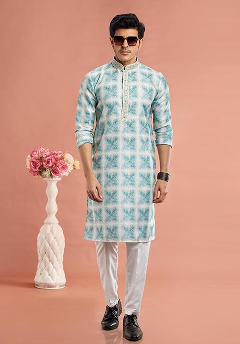 Green Printed Cotton Kurta Set For Men