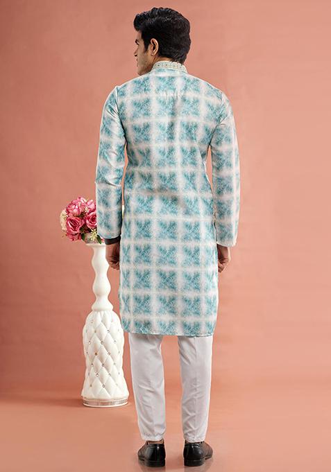 Green Printed Cotton Kurta Set For Men