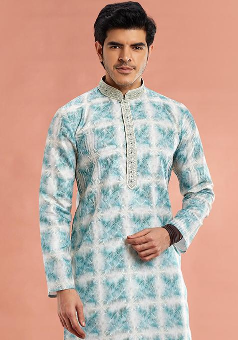 Green Printed Cotton Kurta Set For Men
