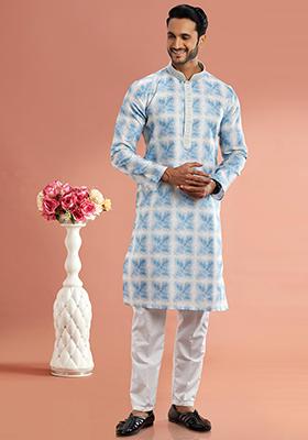 Blue Printed Cotton Kurta Set For Men