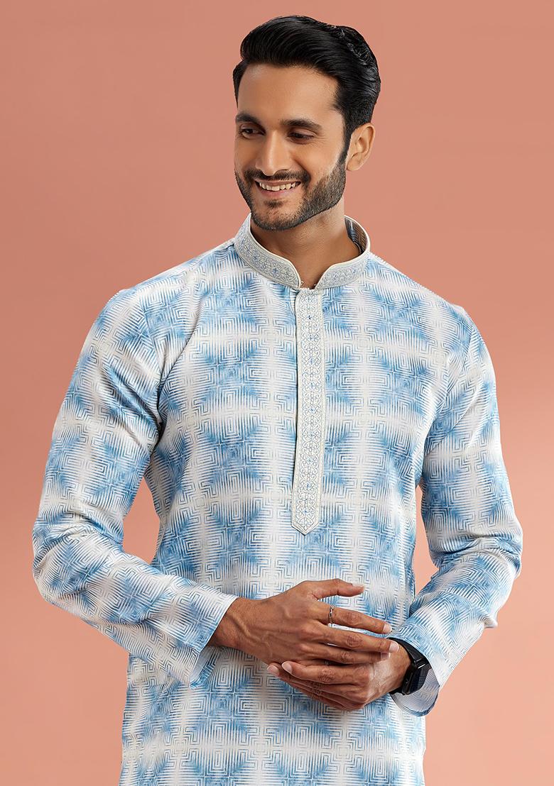 Blue Printed Cotton Kurta Set For Men