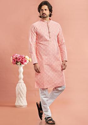 Pink Embroidered Cotton Kurta Set For Men