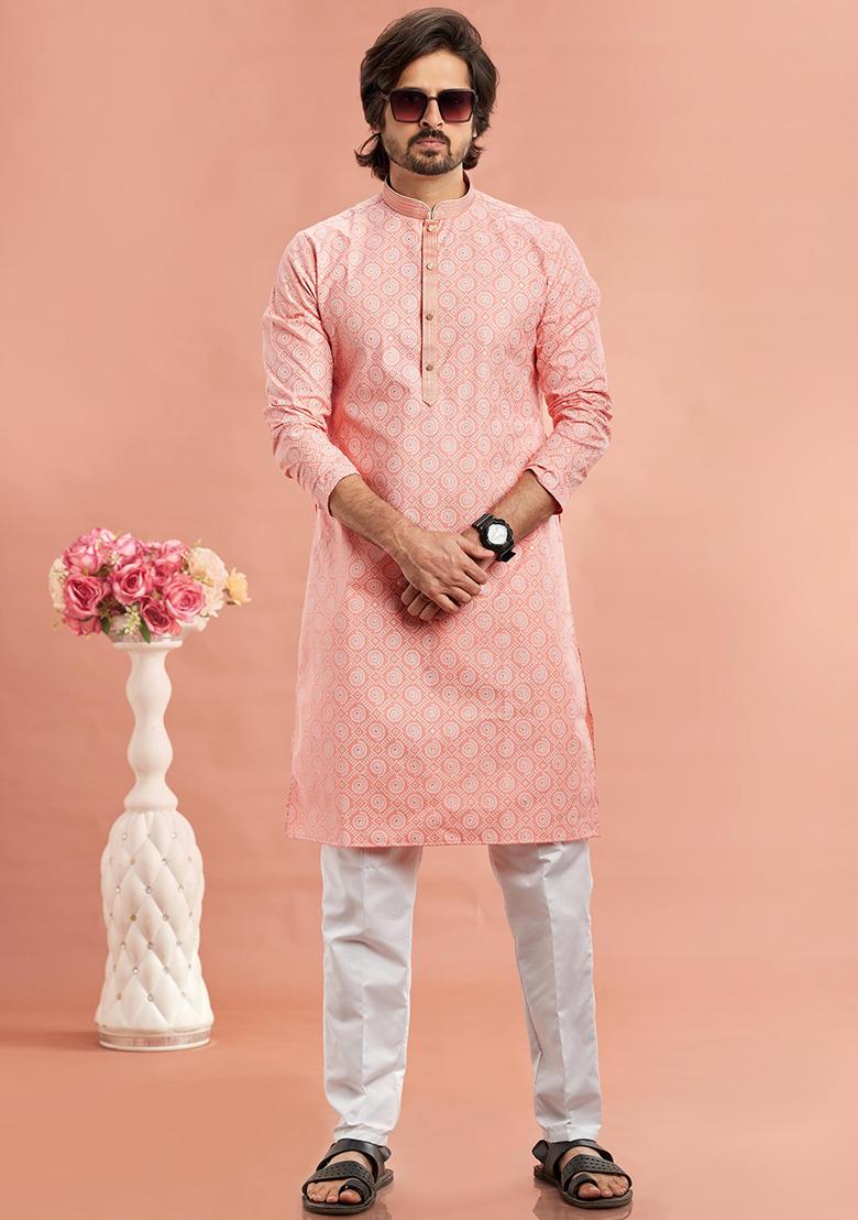 Pink Embroidered Cotton Kurta Set For Men