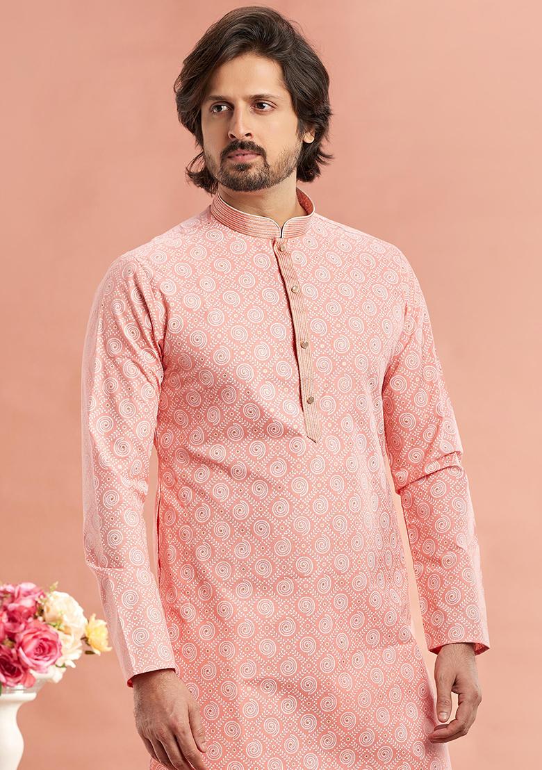 Pink Embroidered Cotton Kurta Set For Men