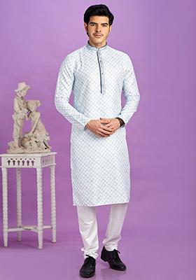 Blue Printed Cotton Kurta Set For Men