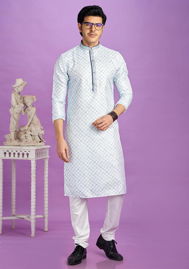 Blue Printed Cotton Kurta Set For Men