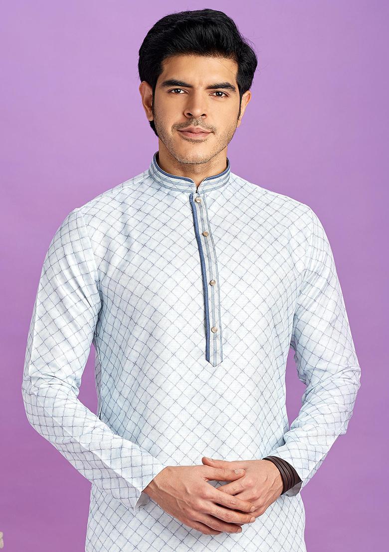 Blue Printed Cotton Kurta Set For Men