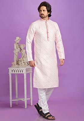 Pink Printed Cotton Kurta Set For Men