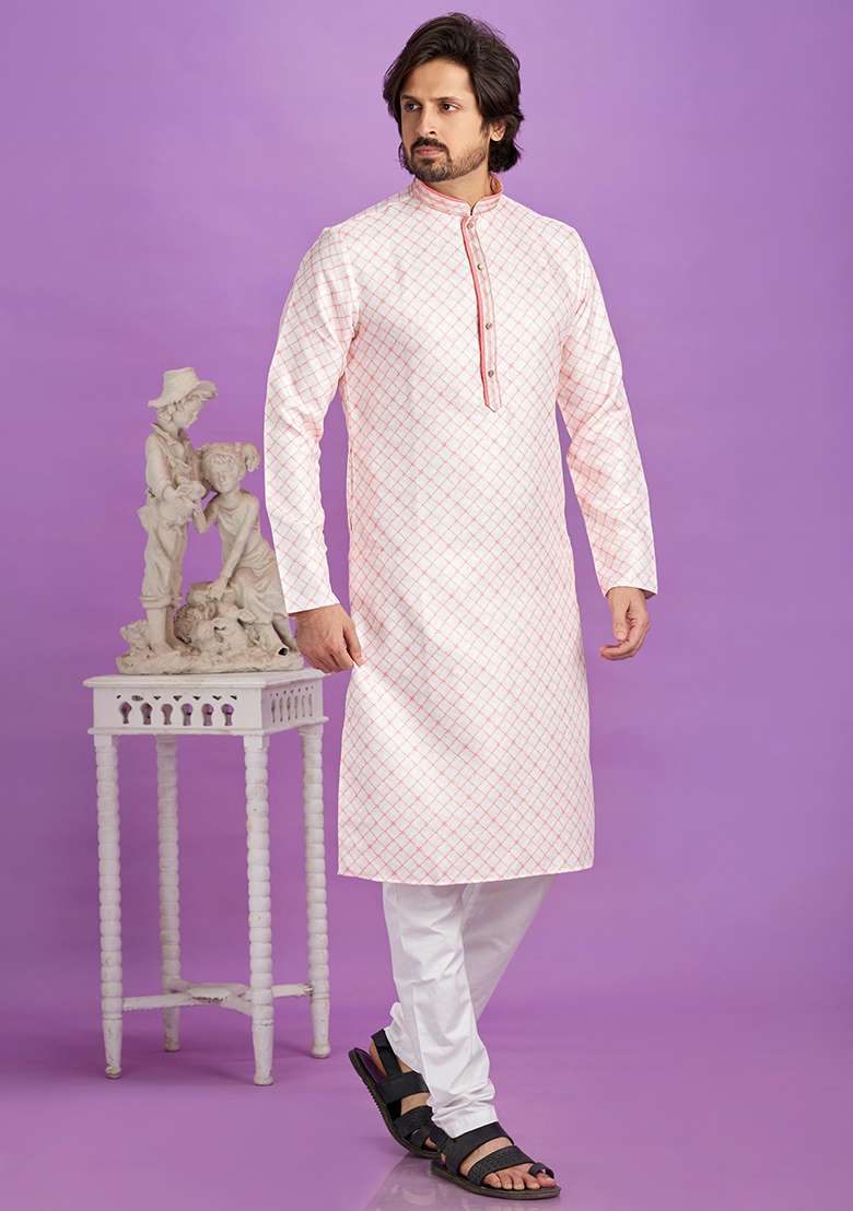 Pink Printed Cotton Kurta Set For Men - Indya