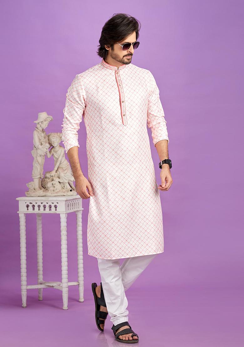 Pink Printed Cotton Kurta Set For Men