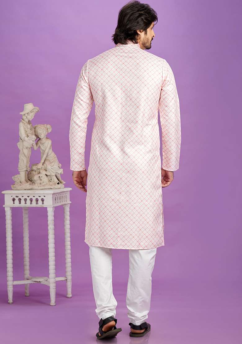 Pink Printed Cotton Kurta Set For Men - Indya