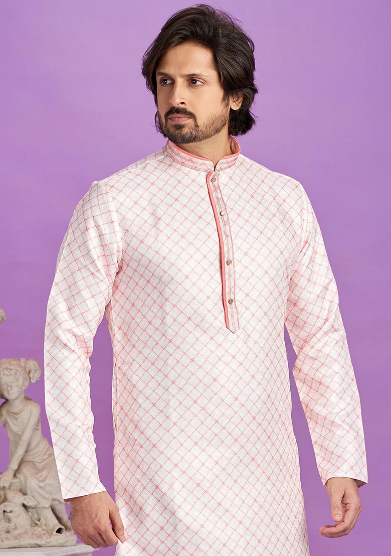 Pink Printed Cotton Kurta Set For Men
