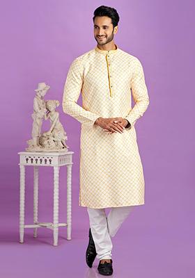 Yellow Printed Cotton Kurta Set For Men