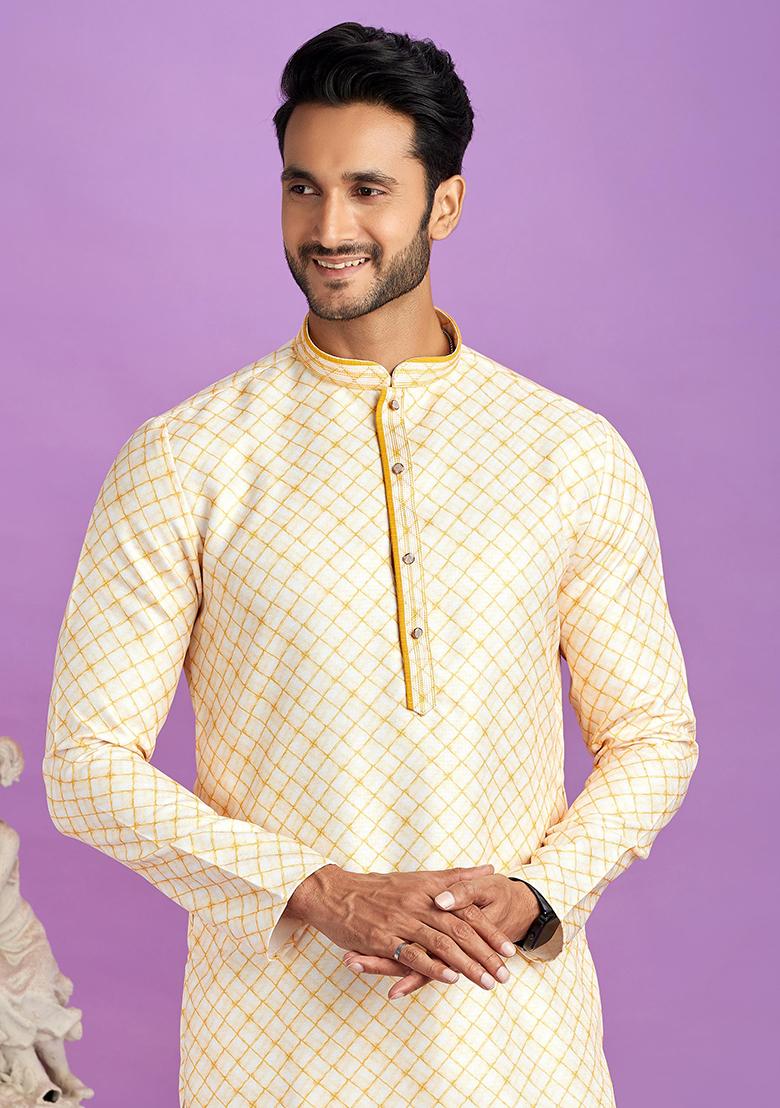 Yellow Printed Cotton Kurta Set For Men