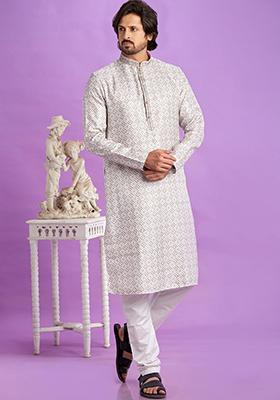Brown Printed Cotton Kurta Set For Men