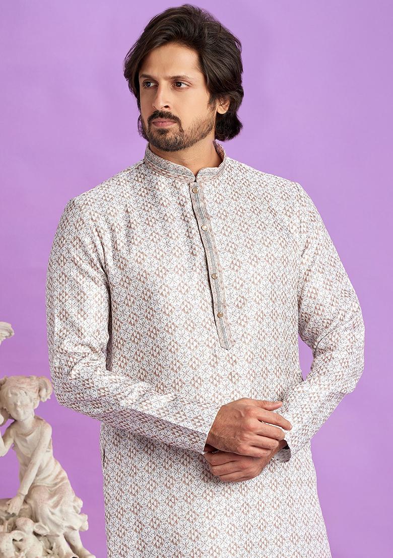 Brown Printed Cotton Kurta Set For Men