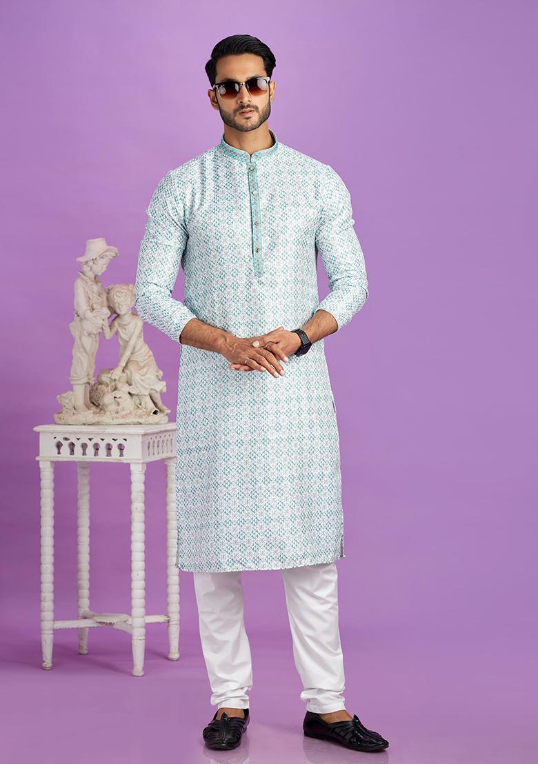 Teal Green Printed Cotton Kurta Set For Men