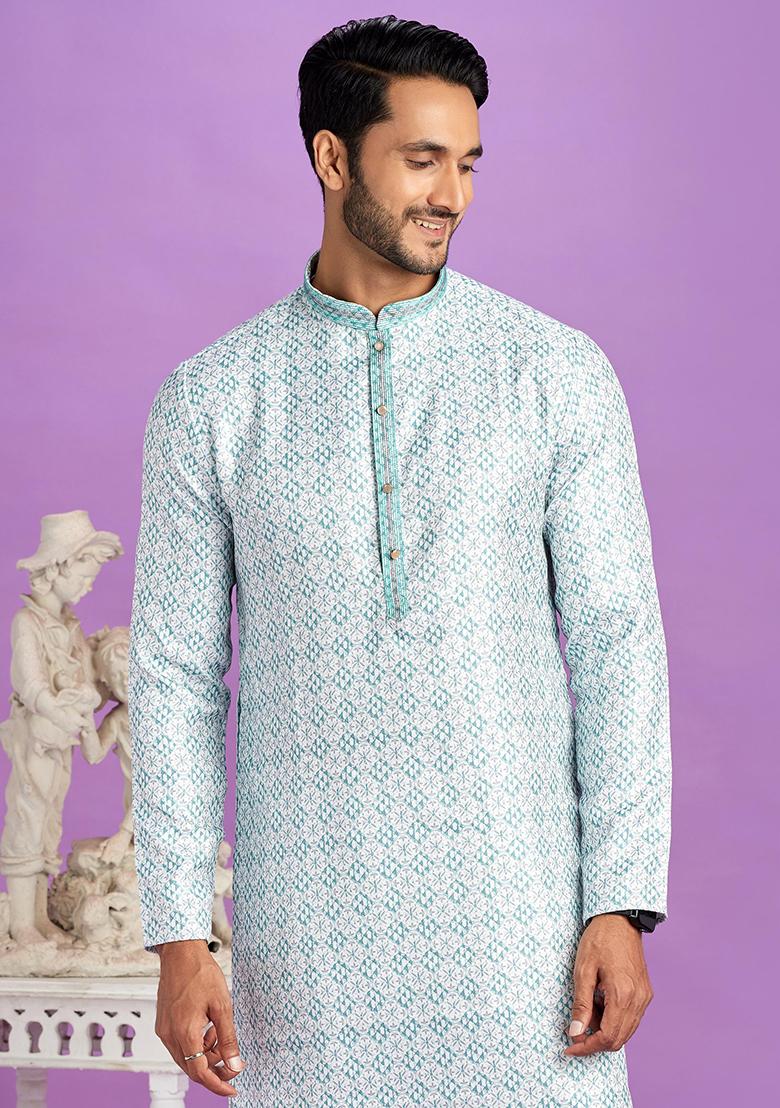 Teal Green Printed Cotton Kurta Set For Men