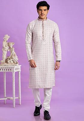 Light Greyish Red Printed Cotton Kurta Set For Men